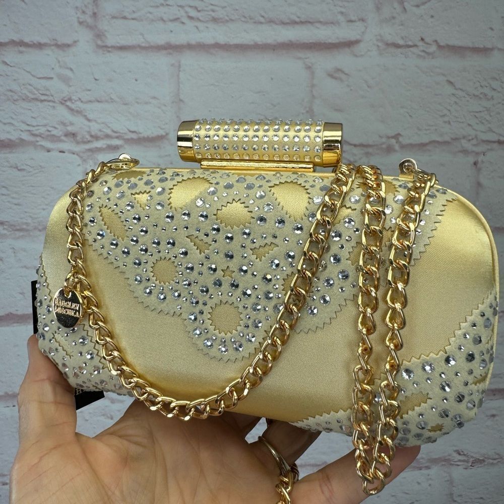 Badgley Mischka Crystal Gold Wrapped Framed Chain Clutch Crossbody NWT